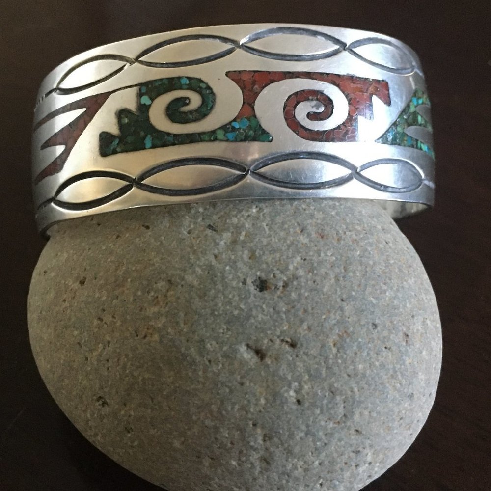 Silver, Turquise and Coral Cuff